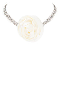 Satin Flower Rhinestone Choker Necklace